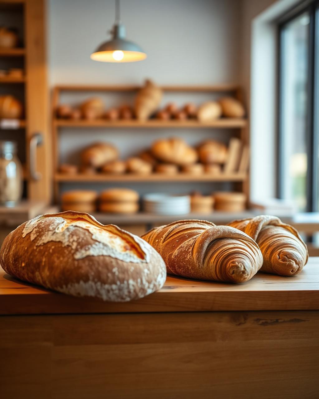 Een zuurdesembrood en croissants op een houten toog in een ambachtelijke bakkerij