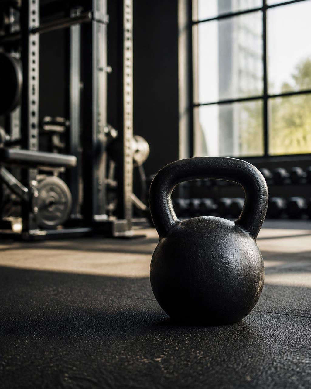 Een kettlebell op de vloer van een lichte fitnesszaak