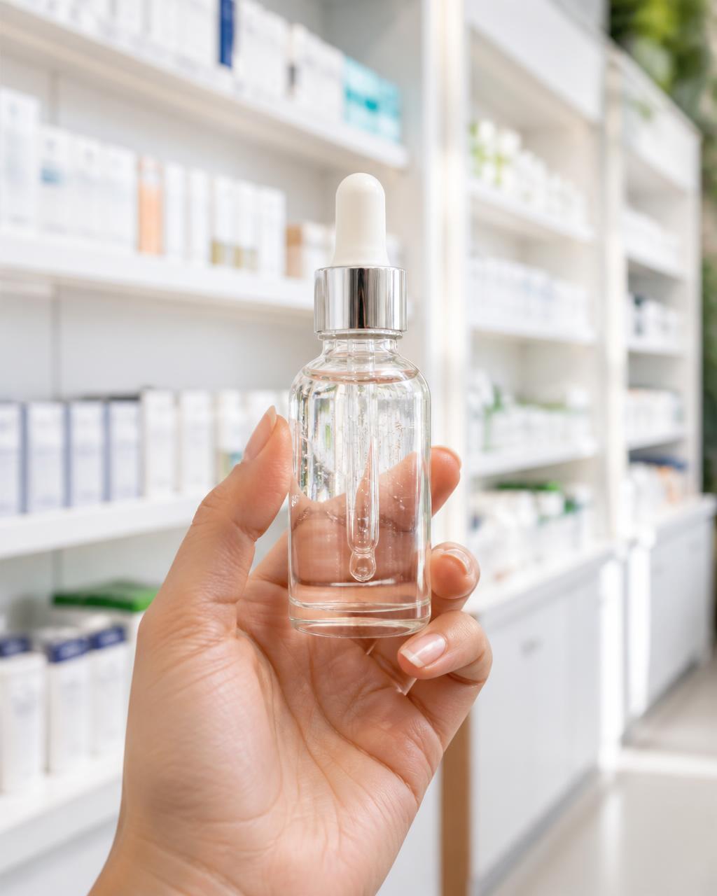 Skincare serum bottle held in a bright local pharmacy